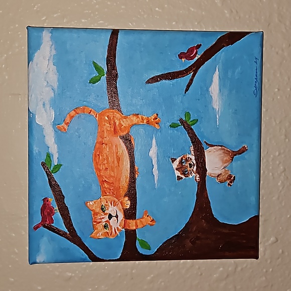 Original Art /Acrylic Canvas /Cute Kitties in a Tree / 8in x 8in - Picture 8 of 11